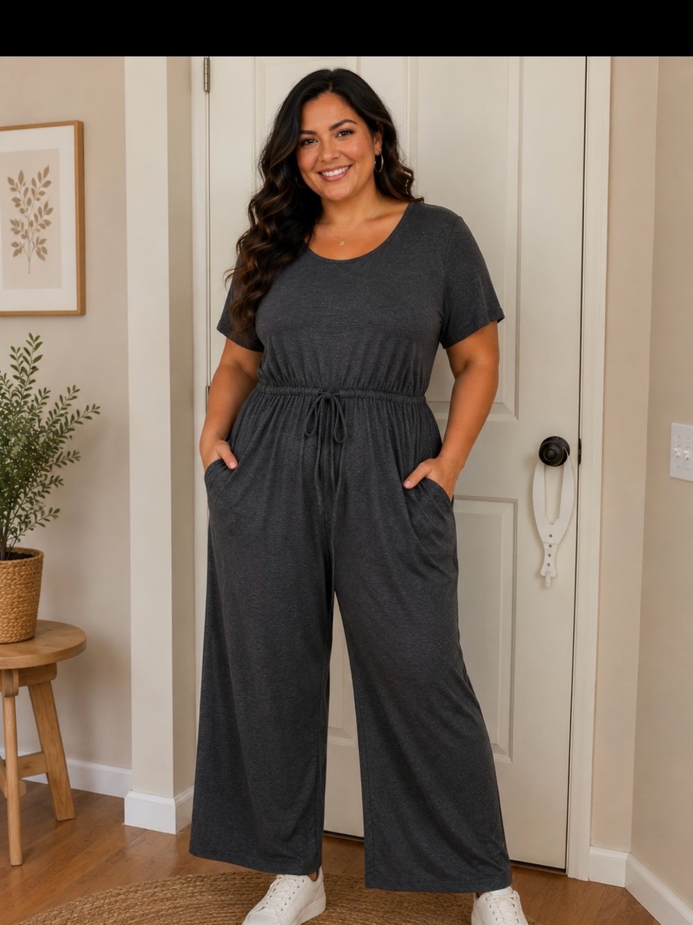 Zenana Outfitters Charcoal Gray Short-Sleeve Drawstring Jumpsuit